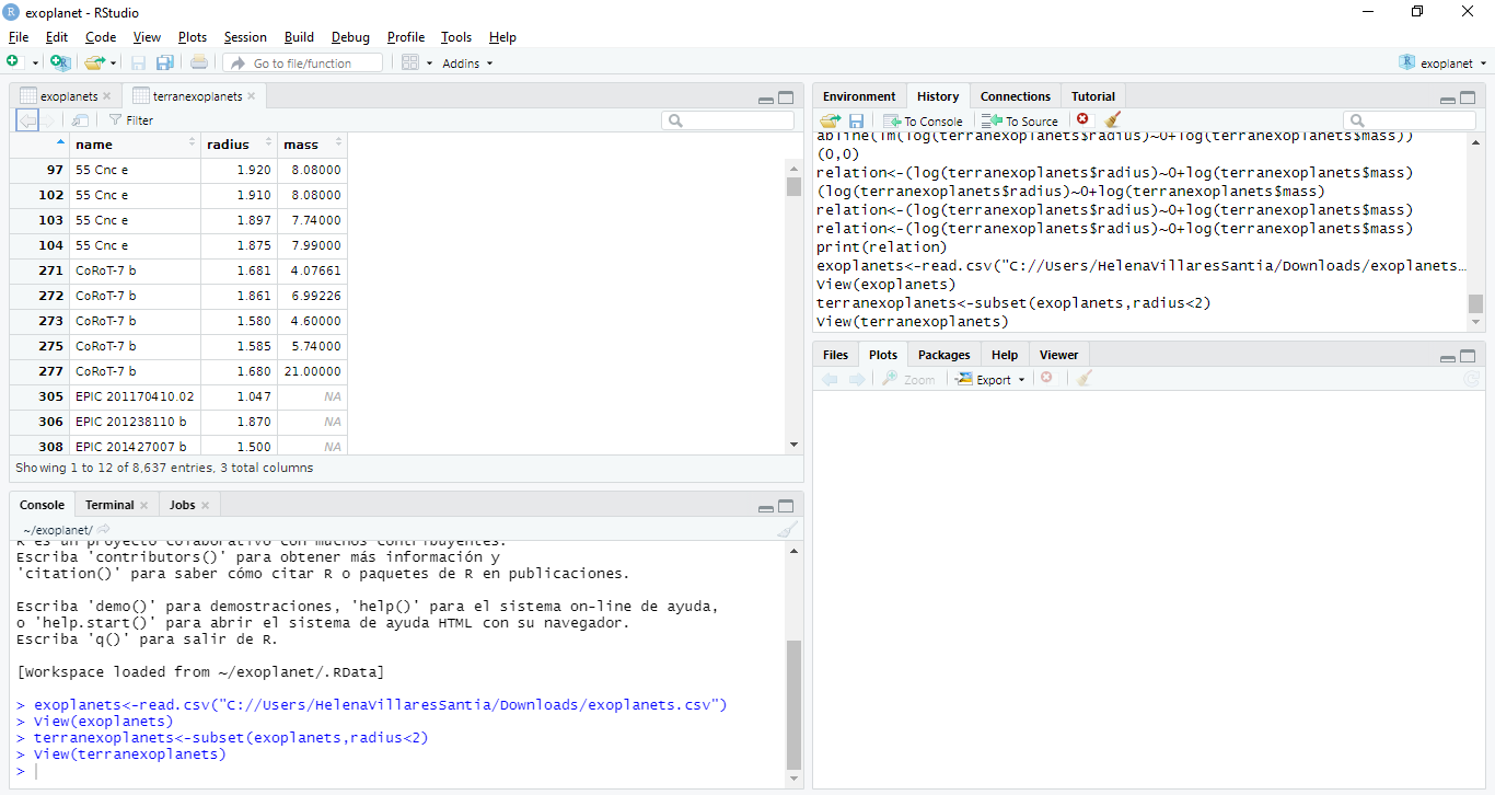RStudio: reading CSV data of radius and mass of exoplanets and creating a subset for Terran worlds.