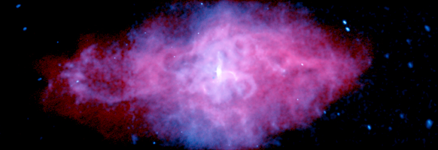 Chandra 3-color X-ray Image of 3C58, a remnant of a supernova observed in the year 1181 by Chinese and Japanese astronomers. A long look by Chandra shows that the central pulsar - a rapidly rotating neutron star formed in the supernova event - is surrounded by a bright torus of X-ray emission. An X-ray jet erupts in both directions from the center of the torus, and extends over a distance of a few light years. Further out, an intricate web of X-ray loops can be seen. In this image, the colors represent different ranges of X-rays with red, green, and blue representing low, medium, and higher X-ray energies.